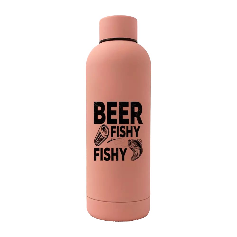 Beer Fishy Fishy 17oz stainless steel water bottle with rubberized coating, featuring a leakproof cap and stylish UV printed design.