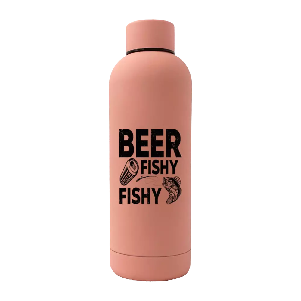 Beer Fishy Fishy 17oz stainless steel water bottle with rubberized coating, featuring a leakproof cap and stylish UV printed design.