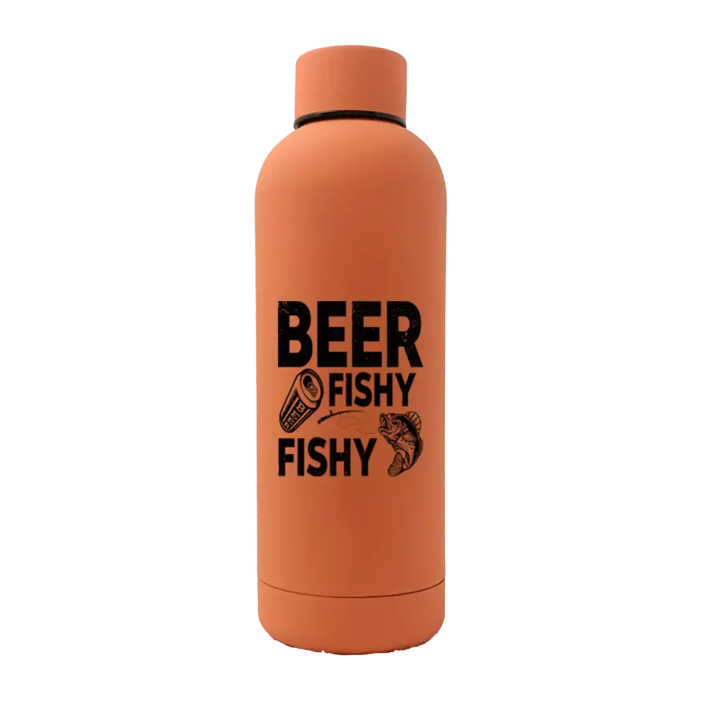 Beer Fishy Fishy 17oz stainless steel water bottle with rubberized coating, featuring a leakproof cap and stylish UV printed design.