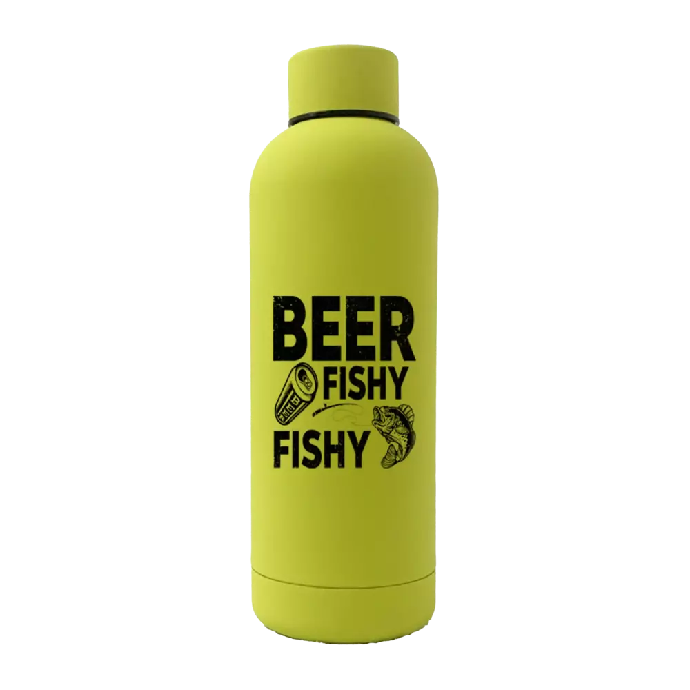 Beer Fishy Fishy 17oz stainless steel water bottle with rubberized coating, featuring a leakproof cap and stylish UV printed design.