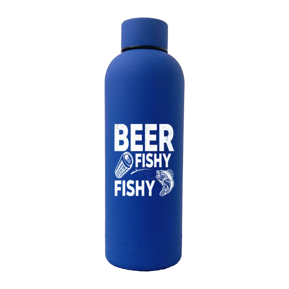 Beer Fishy Fishy 17oz stainless steel water bottle with rubberized coating, featuring a leakproof cap and stylish UV printed design.