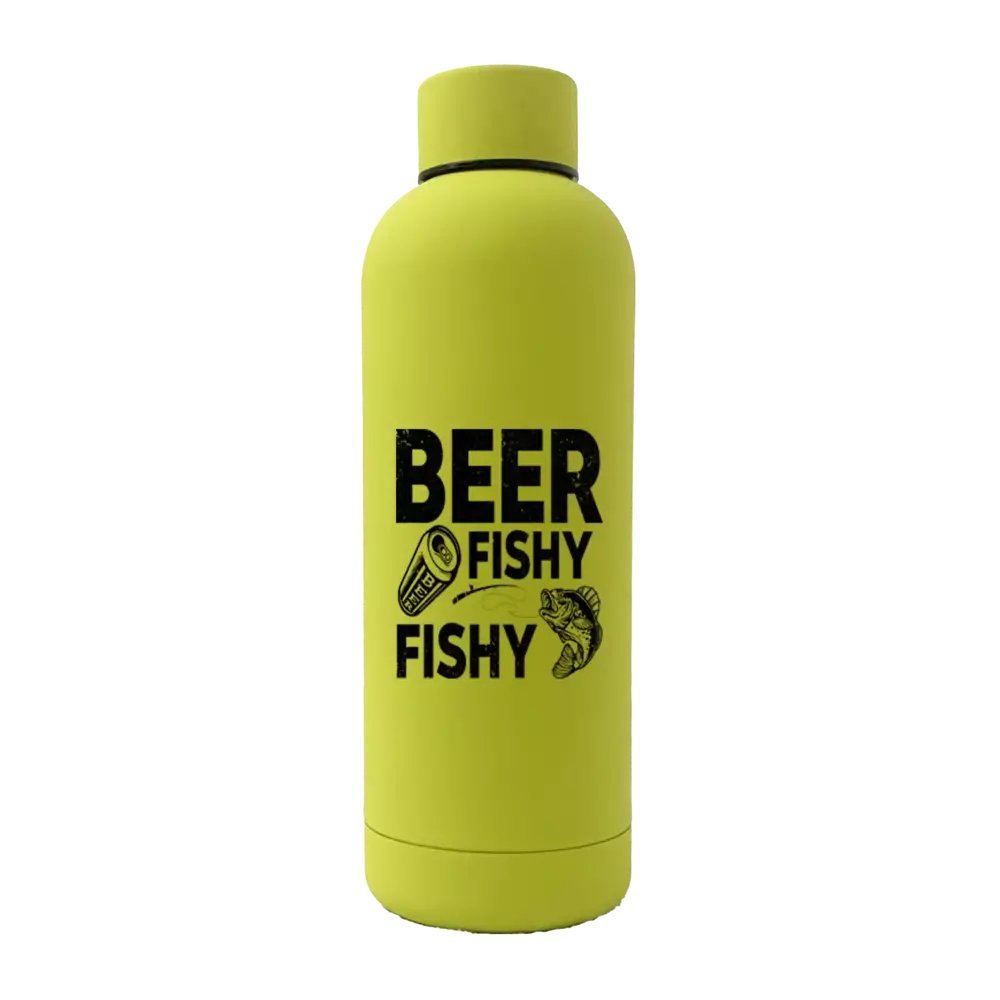 Beer Fishy Fishy 17oz stainless steel water bottle with rubberized coating, featuring a leakproof cap and stylish UV printed design.