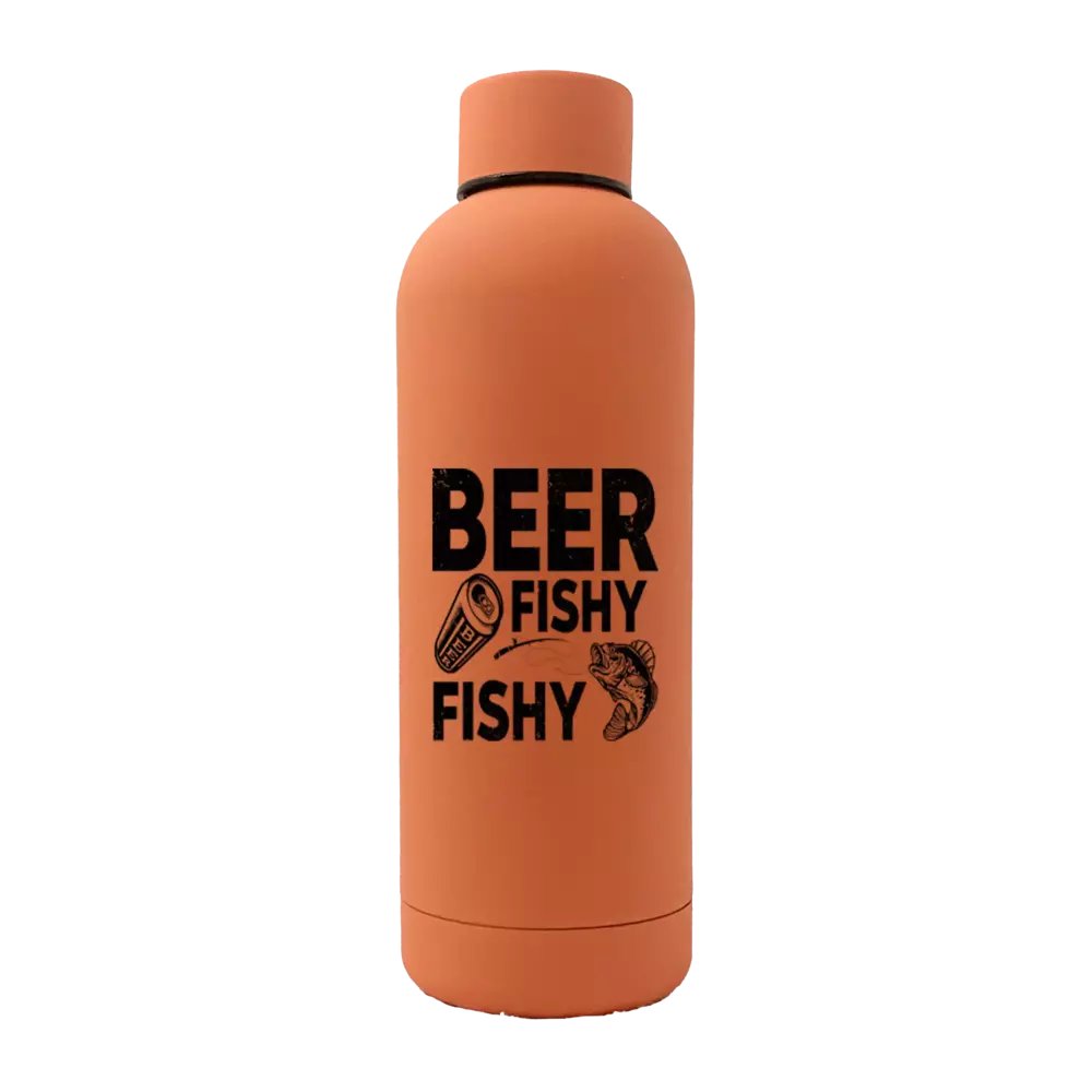 Beer Fishy Fishy 17oz stainless steel water bottle with rubberized coating, featuring a leakproof cap and stylish UV printed design.