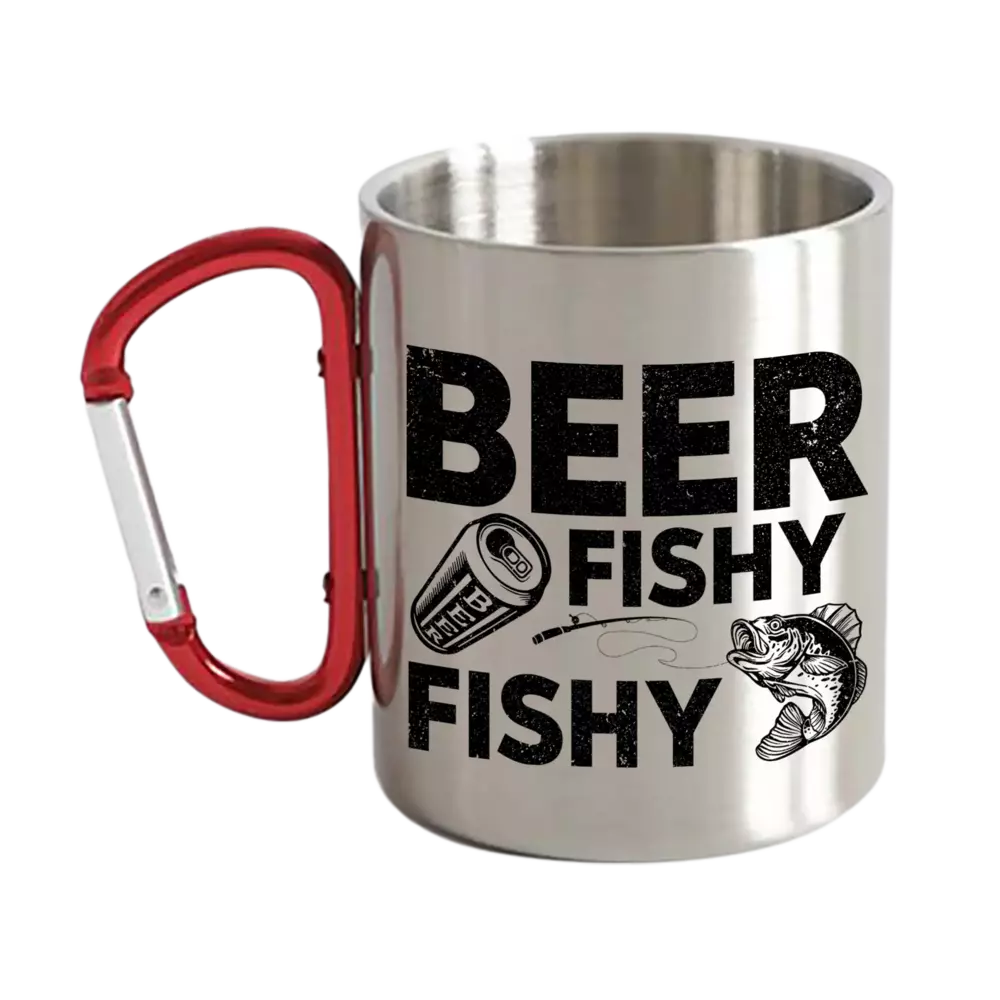 Beer Fishy Fishy Carabiner Mug 12oz with vibrant UV printed design, showcasing its durable stainless steel and carabiner feature.