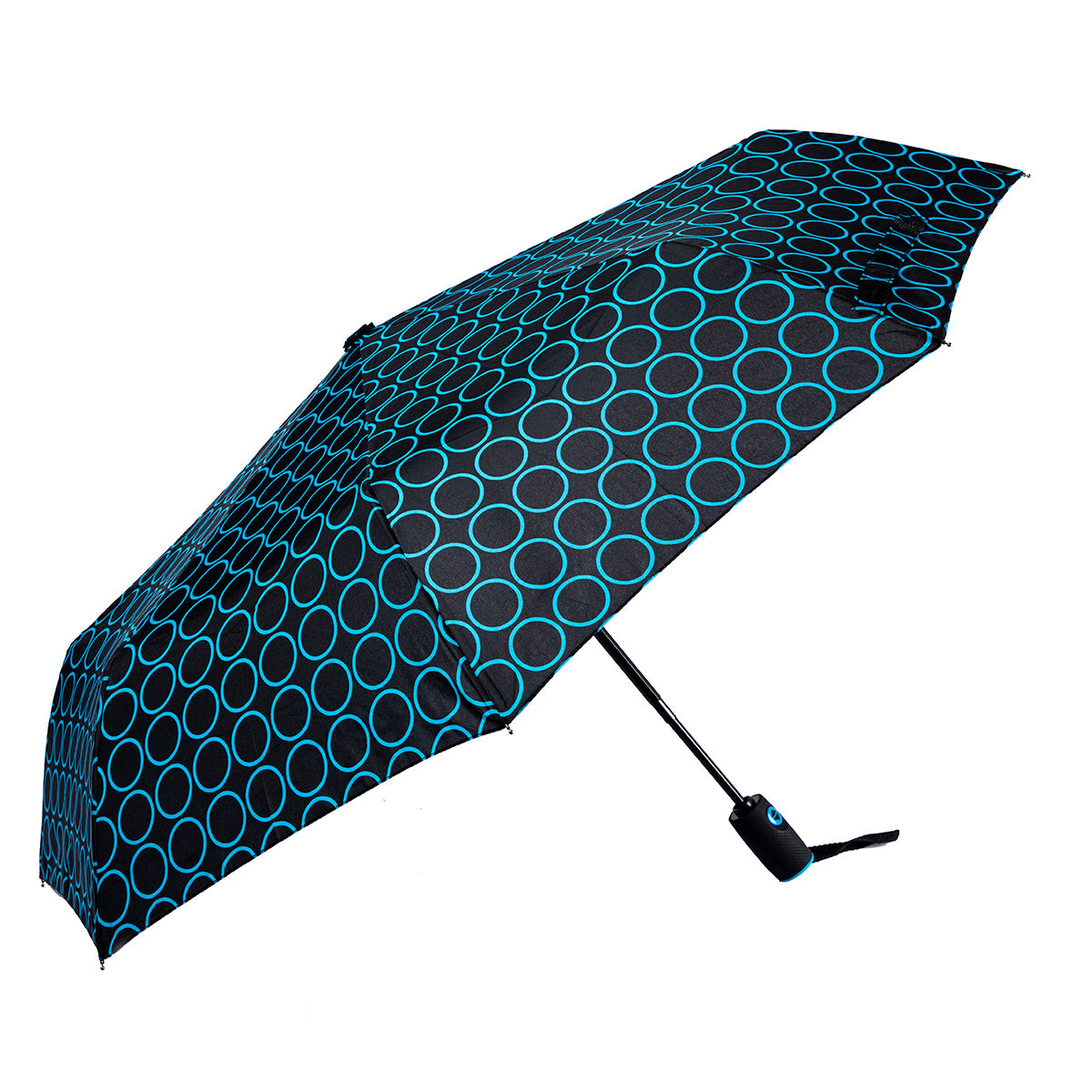 Biggbrella Mini Regenschirm in Schwarz mit blauen Punkten, leicht und kompakt, ideal für den täglichen Gebrauch.