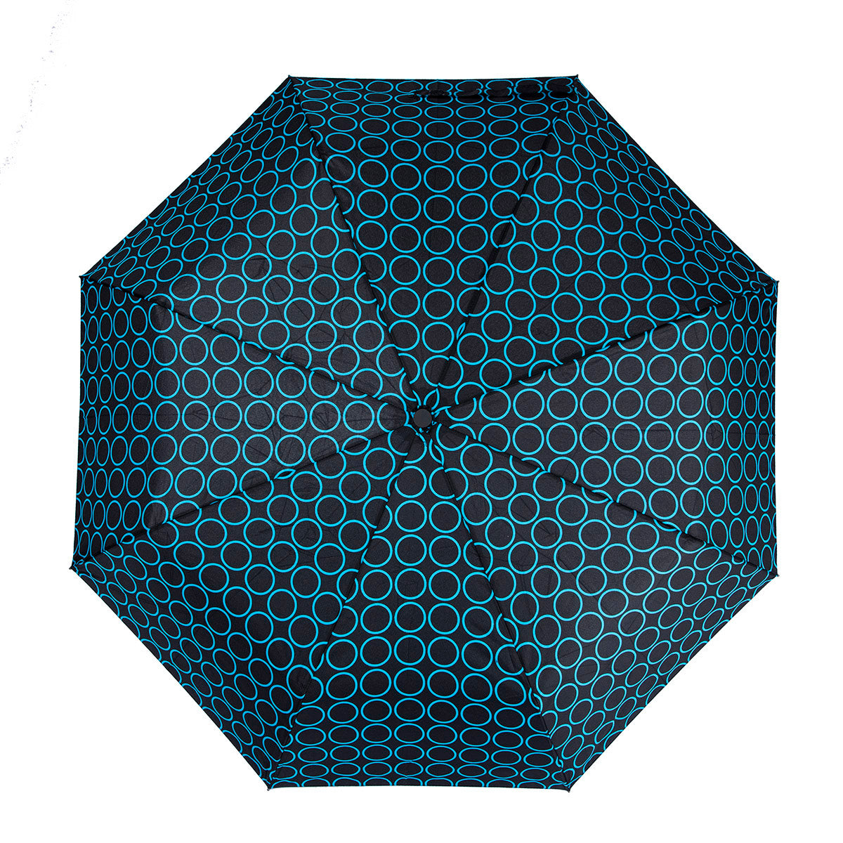 Biggbrella Mini Regenschirm in Schwarz mit blauen Punkten, leicht und kompakt, ideal für den täglichen Gebrauch.