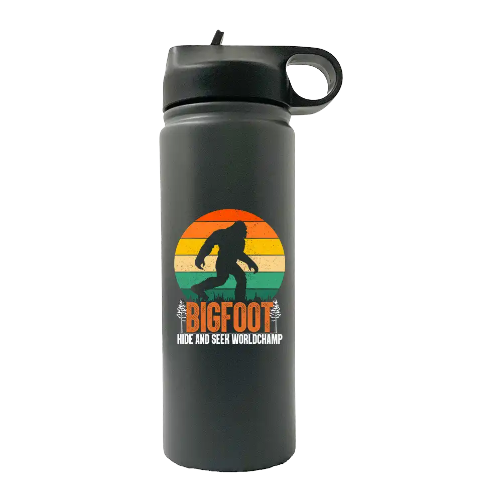 Bigfoot Hide And Seek 20oz Sport Bottle with UV-printed design and built-in handle, perfect for outdoor activities.