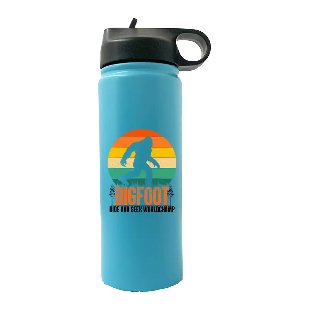 Bigfoot Hide And Seek 20oz Sport Bottle with UV-printed design and built-in handle, perfect for outdoor activities.