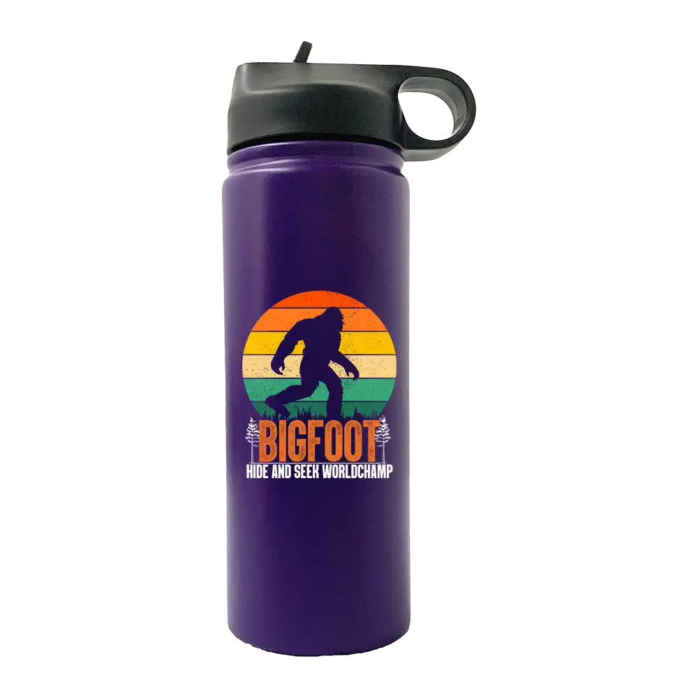 Bigfoot Hide And Seek 20oz Sport Bottle with UV-printed design and built-in handle, perfect for outdoor activities.