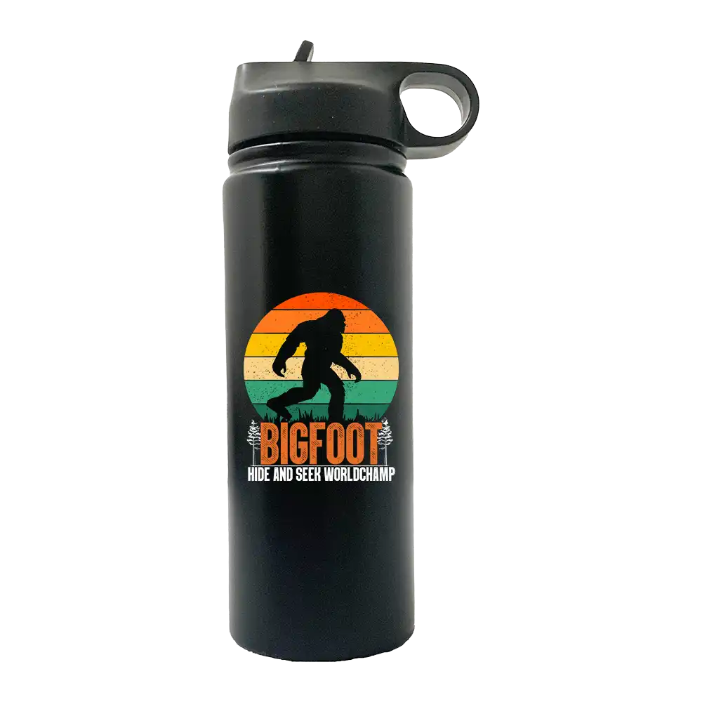 Bigfoot Hide And Seek 20oz Sport Bottle with UV-printed design and built-in handle, perfect for outdoor activities.