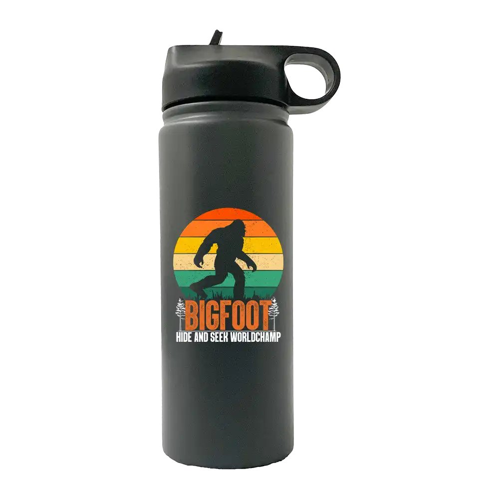 Bigfoot Hide And Seek 20oz Sport Bottle with UV-printed design and built-in handle, perfect for outdoor activities.