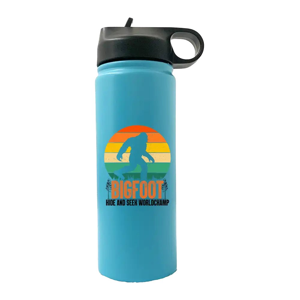 Bigfoot Hide And Seek 20oz Sport Bottle with UV-printed design and built-in handle, perfect for outdoor activities.