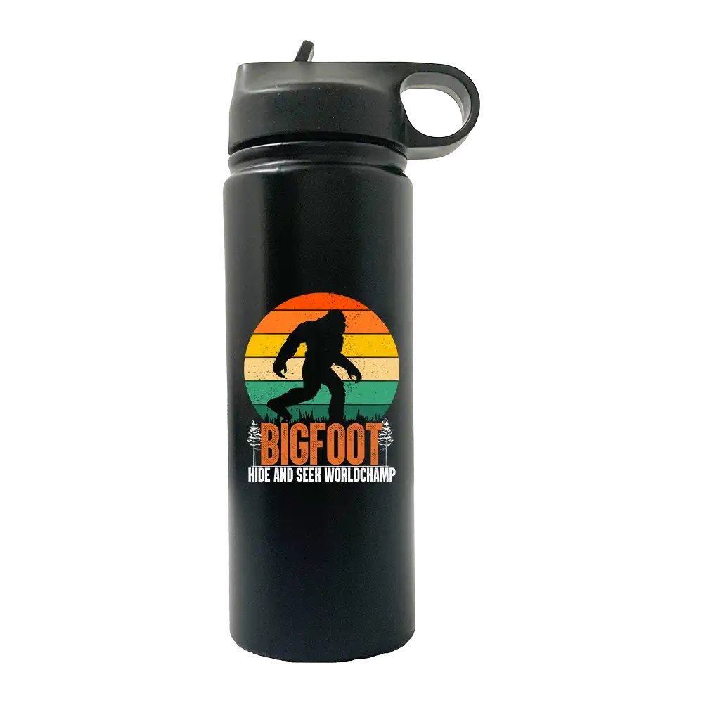 Bigfoot Hide And Seek 20oz Sport Bottle with UV-printed design and built-in handle, perfect for outdoor activities.