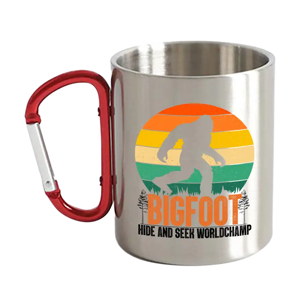 Bigfoot Hide And Seek Carabiner Mug showcasing a fun design, durable stainless steel, and a carabiner handle, perfect for outdoor adventures.