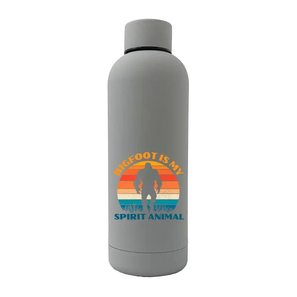 Bigfoot Is My Spirit Animal 17oz stainless steel water bottle with rubberized coating, featuring a fun design and leakproof cap.