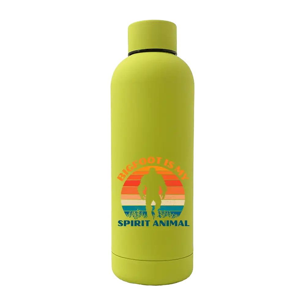 Bigfoot Is My Spirit Animal 17oz stainless steel water bottle with rubberized coating, featuring a fun design and leakproof cap.