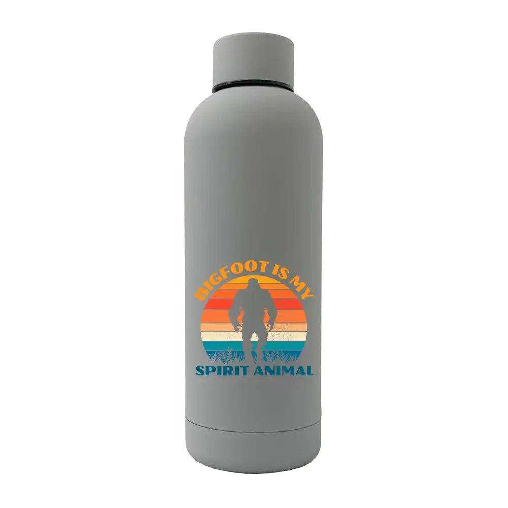 Bigfoot Is My Spirit Animal 17oz stainless steel water bottle with rubberized coating, featuring a fun design and leakproof cap.