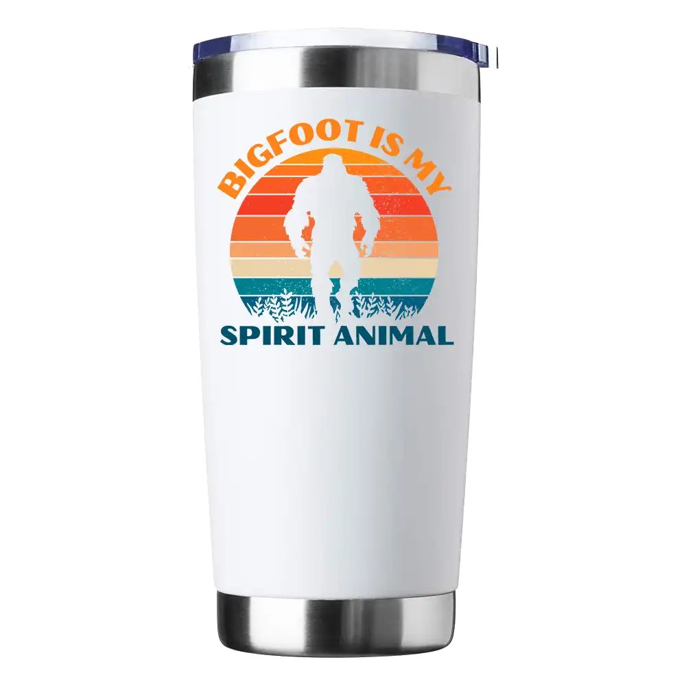 Bigfoot Is My Spirit Animal 20oz insulated tumbler with a vibrant design, showcasing its stainless steel construction and splash-proof lid.