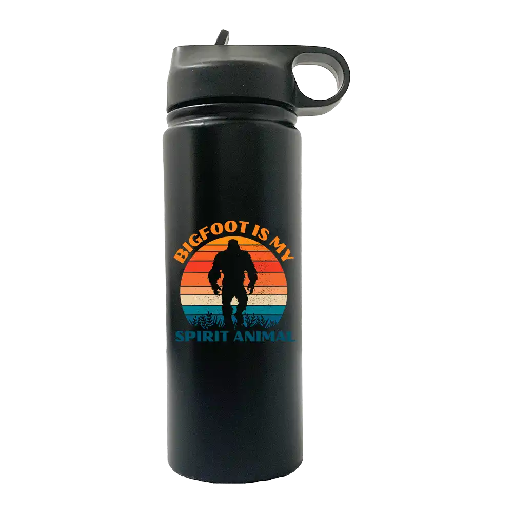 Bigfoot Is My Spirit Animal 20oz Sport Bottle with a black lid and built-in handle, featuring a vibrant UV-printed design.