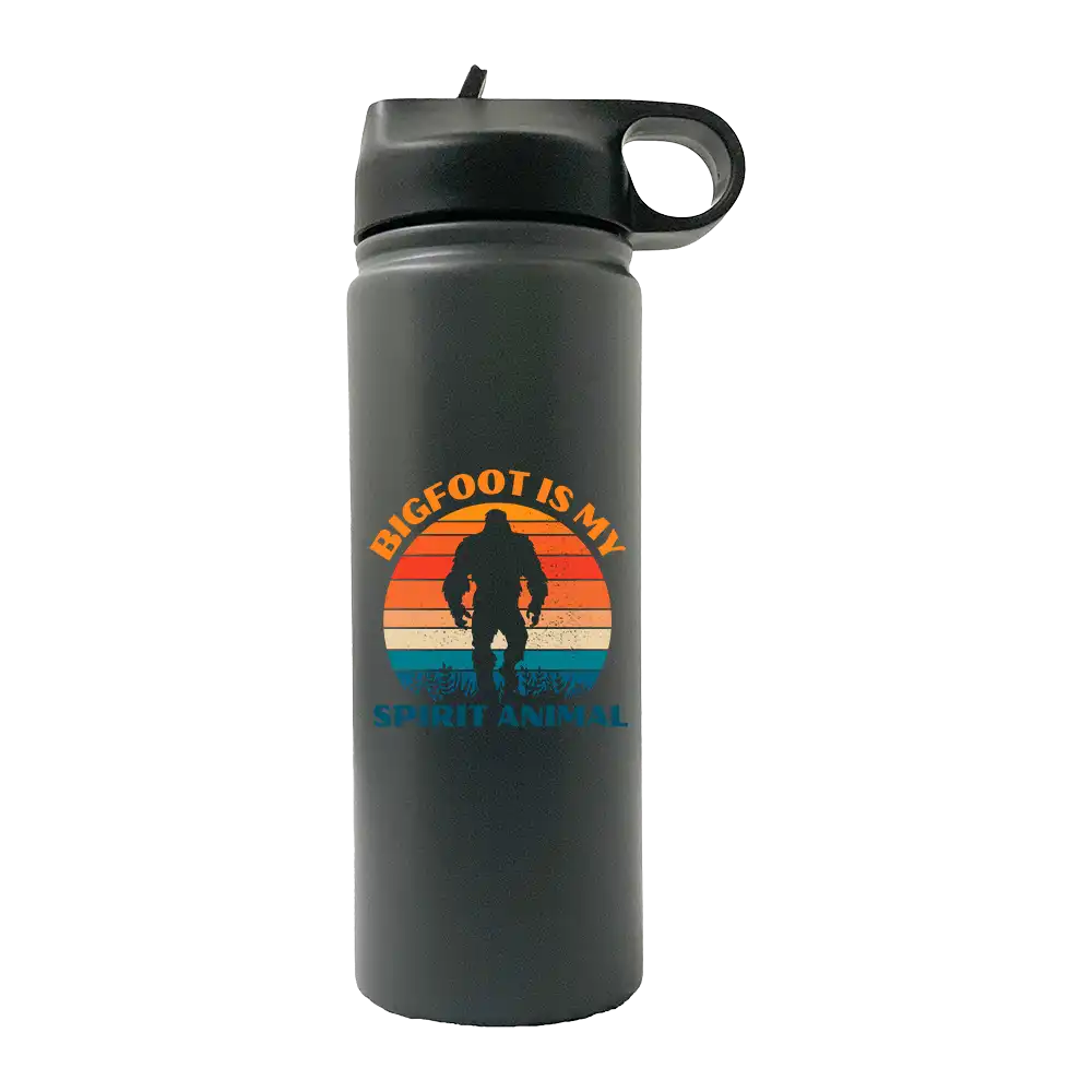 Bigfoot Is My Spirit Animal 20oz Sport Bottle with a black lid and built-in handle, featuring a vibrant UV-printed design.