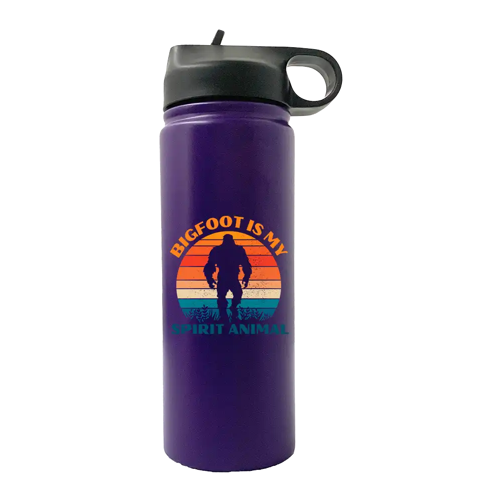 Bigfoot Is My Spirit Animal 20oz Sport Bottle with a black lid and built-in handle, featuring a vibrant UV-printed design.