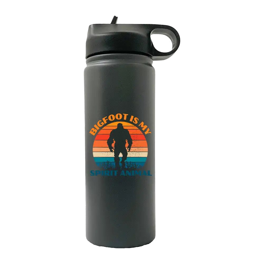 Bigfoot Is My Spirit Animal 20oz Sport Bottle with a black lid and built-in handle, featuring a vibrant UV-printed design.