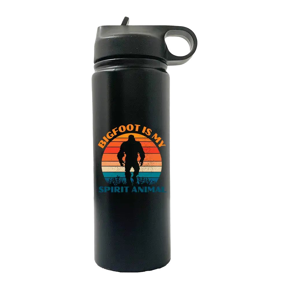 Bigfoot Is My Spirit Animal 20oz Sport Bottle with a black lid and built-in handle, featuring a vibrant UV-printed design.