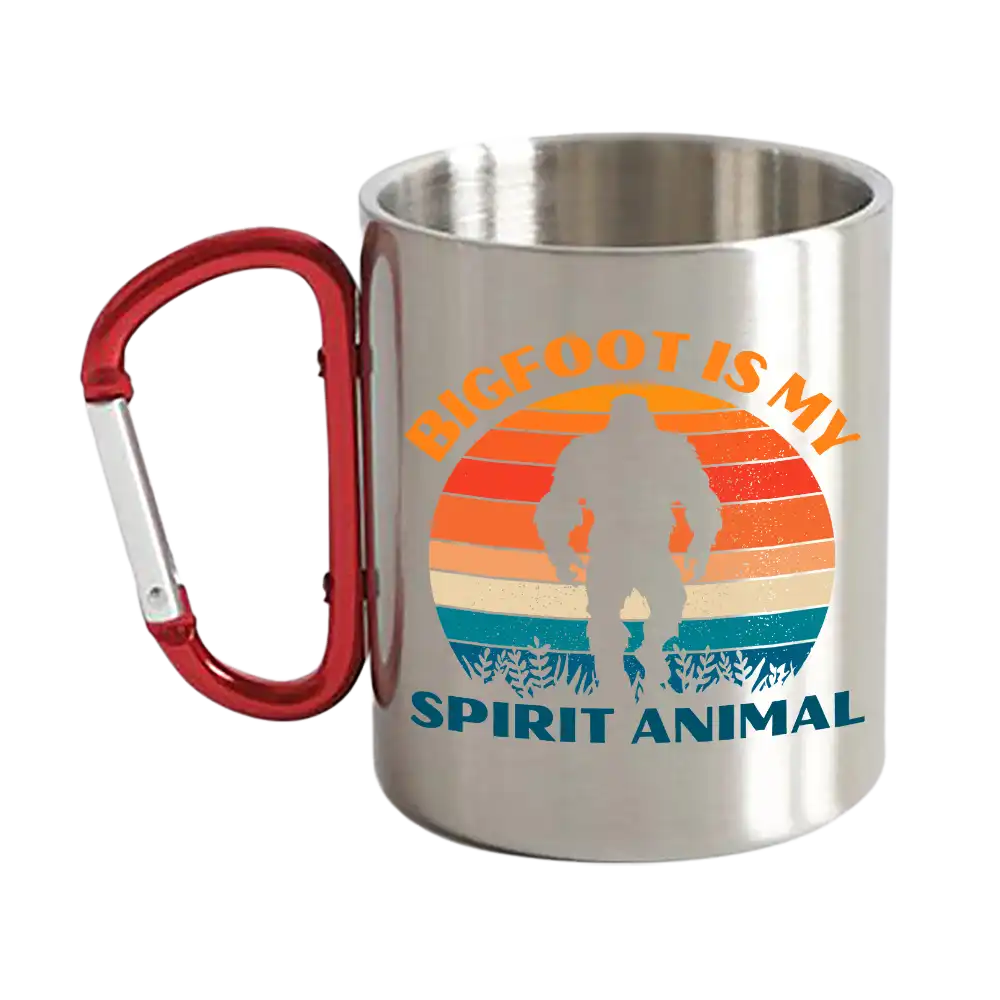 Bigfoot Is My Spirit Animal Carabiner Mug, 12oz, featuring a vibrant UV printed design and sturdy stainless steel construction.