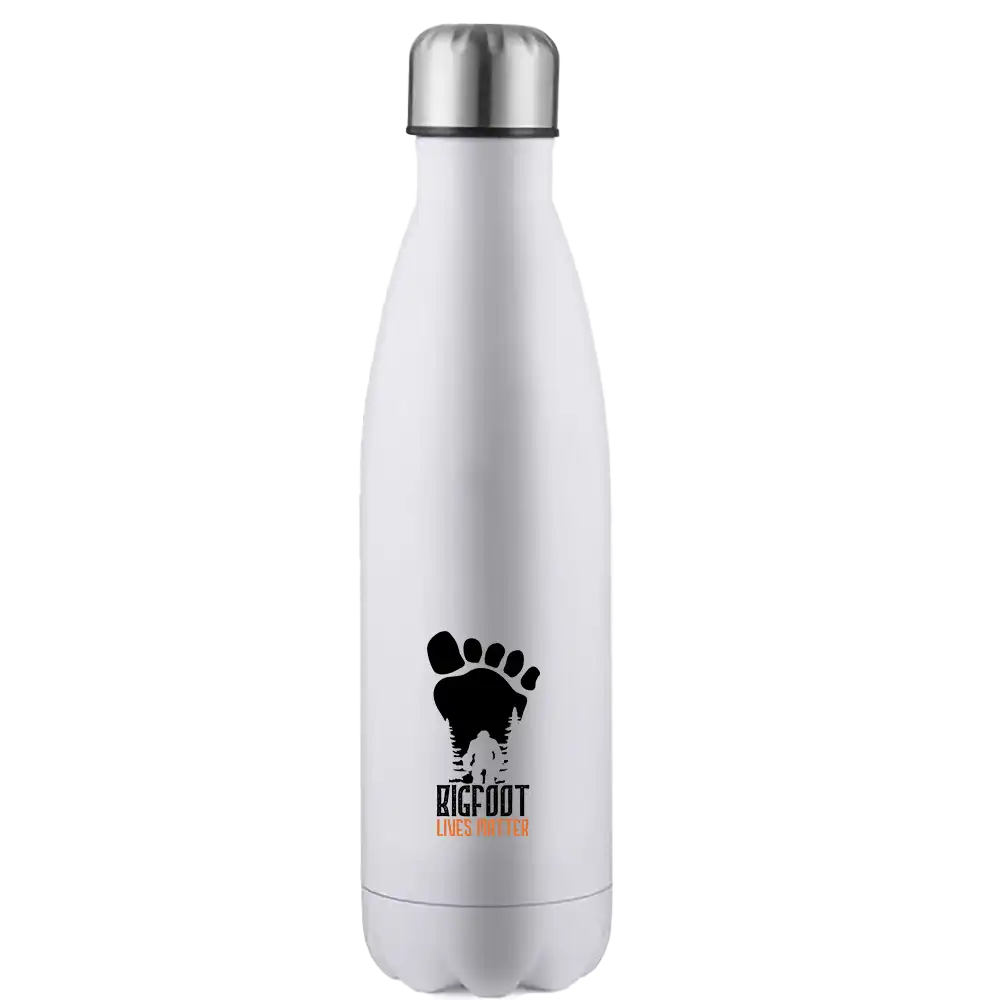 Bigfoot Lives Matter 17oz stainless steel water bottle with a vibrant design, showcasing its double-walled insulation and leakproof cap.