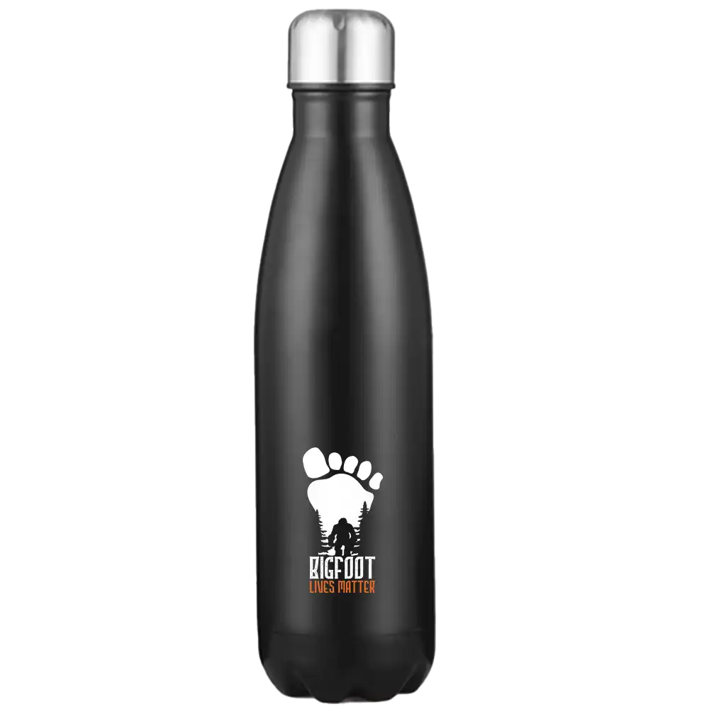 Bigfoot Lives Matter 17oz stainless steel water bottle with a vibrant design, showcasing its double-walled insulation and leakproof cap.