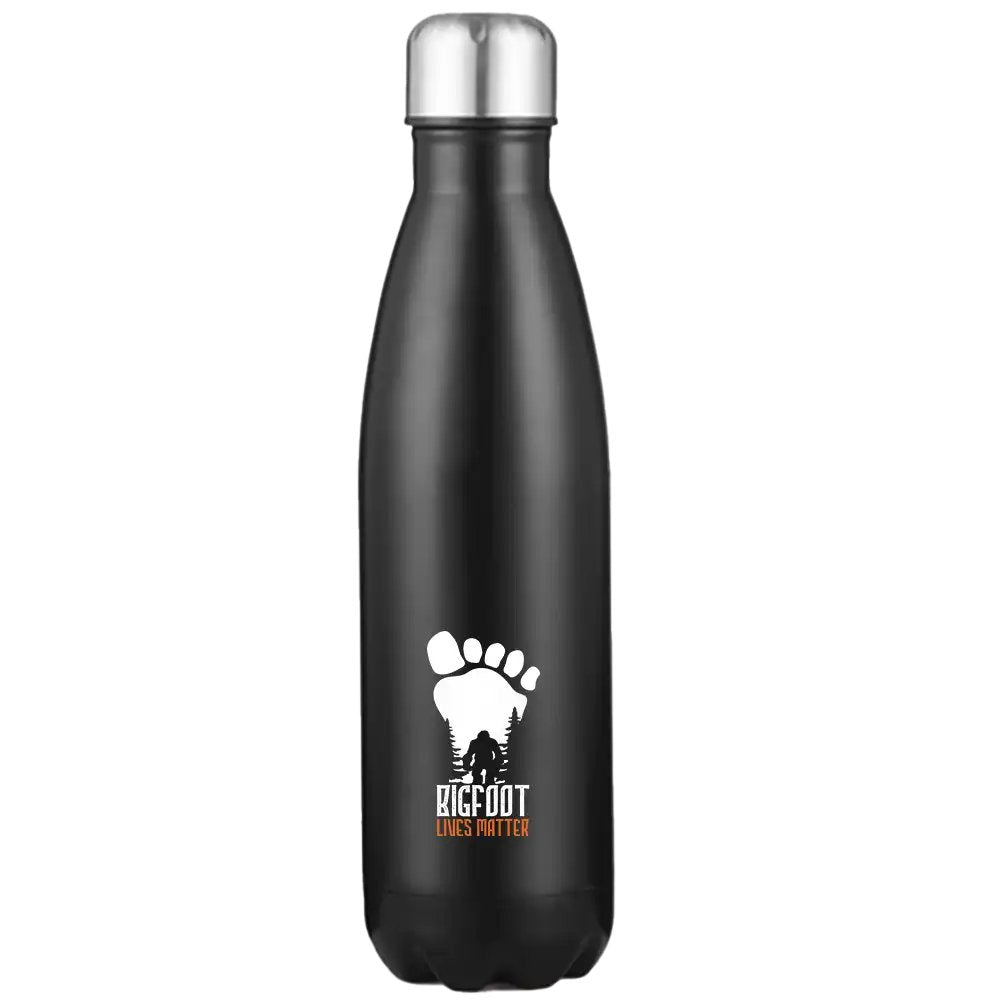 Bigfoot Lives Matter 17oz stainless steel water bottle with a vibrant design, showcasing its double-walled insulation and leakproof cap.