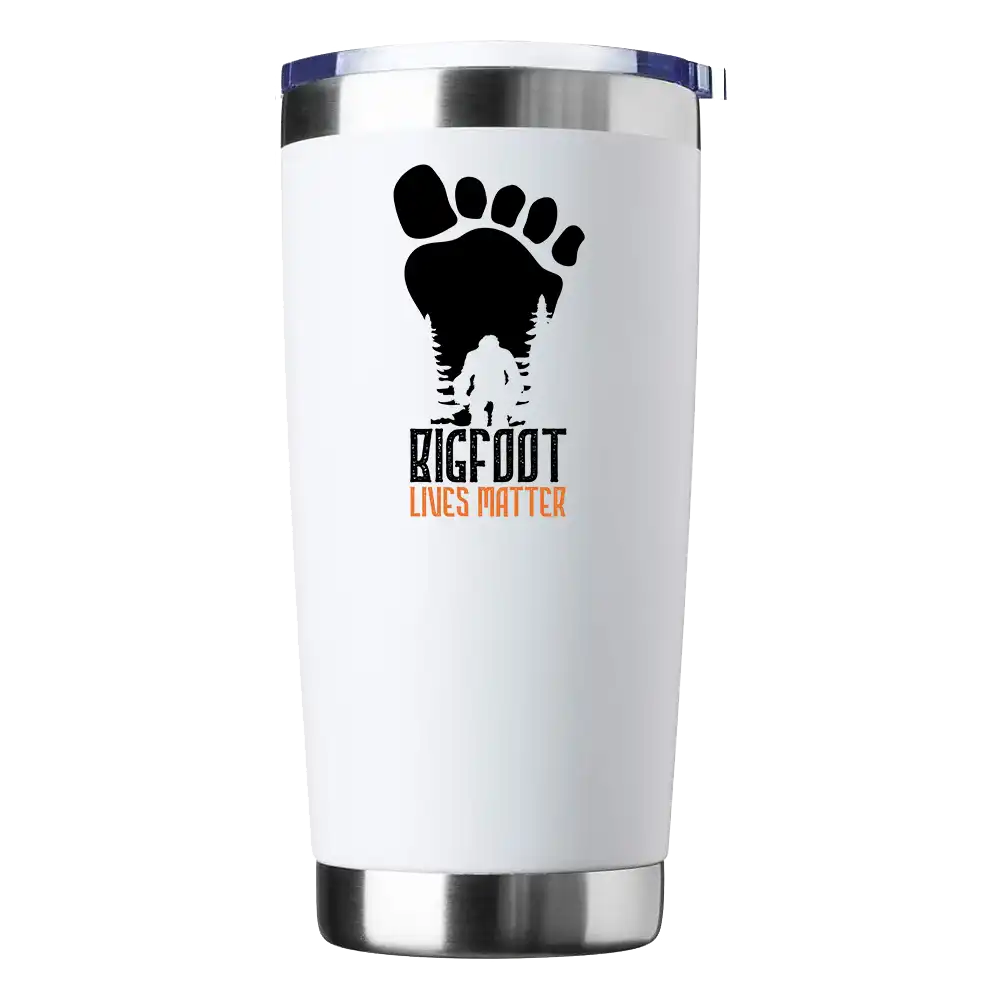 Bigfoot Lives Matter 20oz insulated tumbler with a vibrant design, showcasing its stainless steel construction and splash-proof lid.