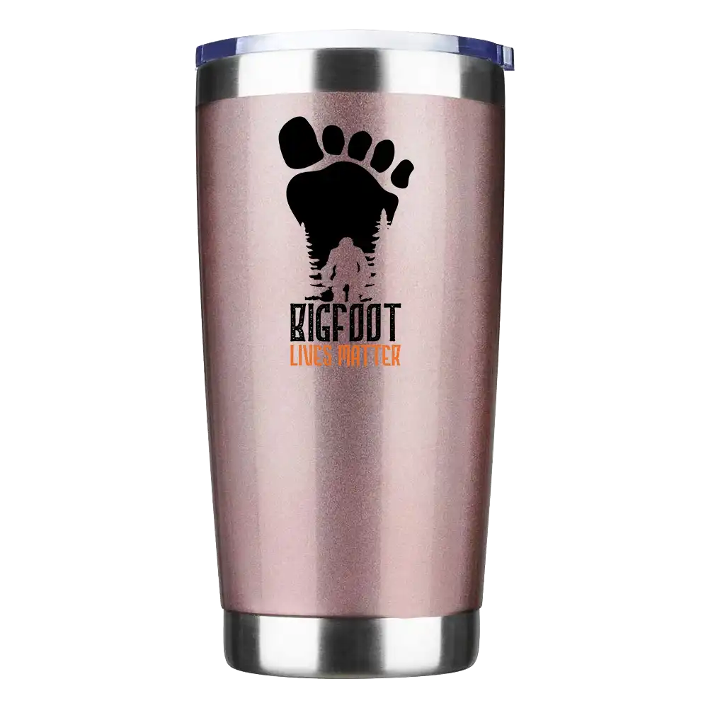 Bigfoot Lives Matter 20oz insulated tumbler with a vibrant design, showcasing its stainless steel construction and splash-proof lid.