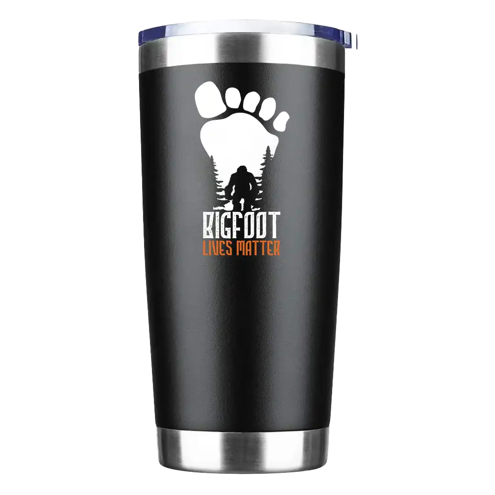 Bigfoot Lives Matter 20oz insulated tumbler with a vibrant design, showcasing its stainless steel construction and splash-proof lid.