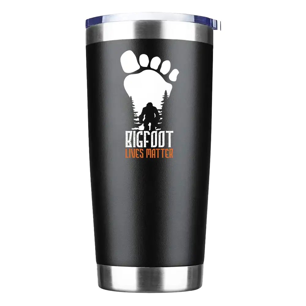 Bigfoot Lives Matter 20oz insulated tumbler with a vibrant design, showcasing its stainless steel construction and splash-proof lid.