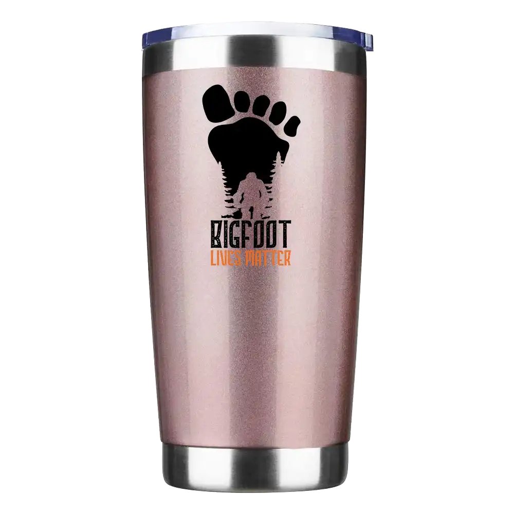 Bigfoot Lives Matter 20oz insulated tumbler with a vibrant design, showcasing its stainless steel construction and splash-proof lid.