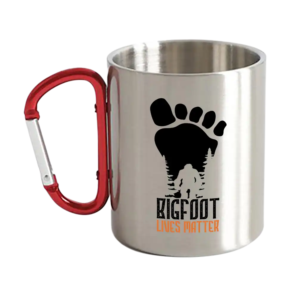 Bigfoot Lives Matter Carabiner Mug showcasing a vibrant UV printed design on a sturdy ceramic body, perfect for outdoor adventures.