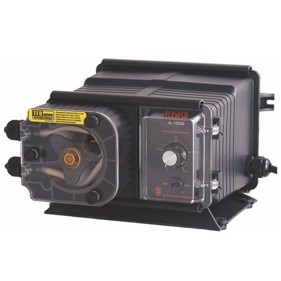 Black industrial chemical metering pump.