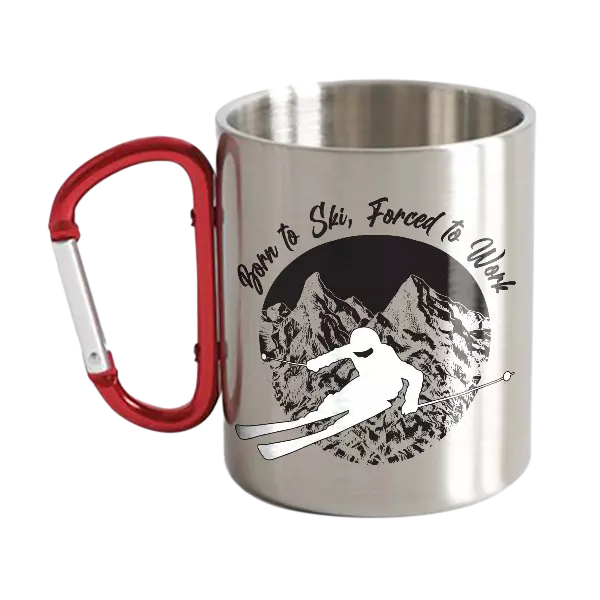 Born To Ski Forced To Work Carabiner Mug showcasing a vibrant UV printed design, perfect for outdoor enthusiasts.