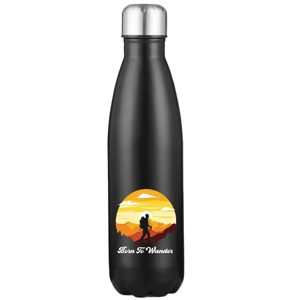 Born To Wander 17oz Stainless Steel Water Bottle with UV printed design and leakproof cap, perfect for outdoor activities.