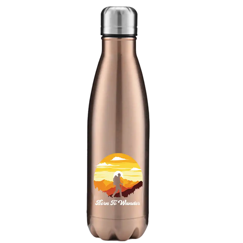 Born To Wander 17oz Stainless Steel Water Bottle with UV printed design and leakproof cap, perfect for outdoor activities.