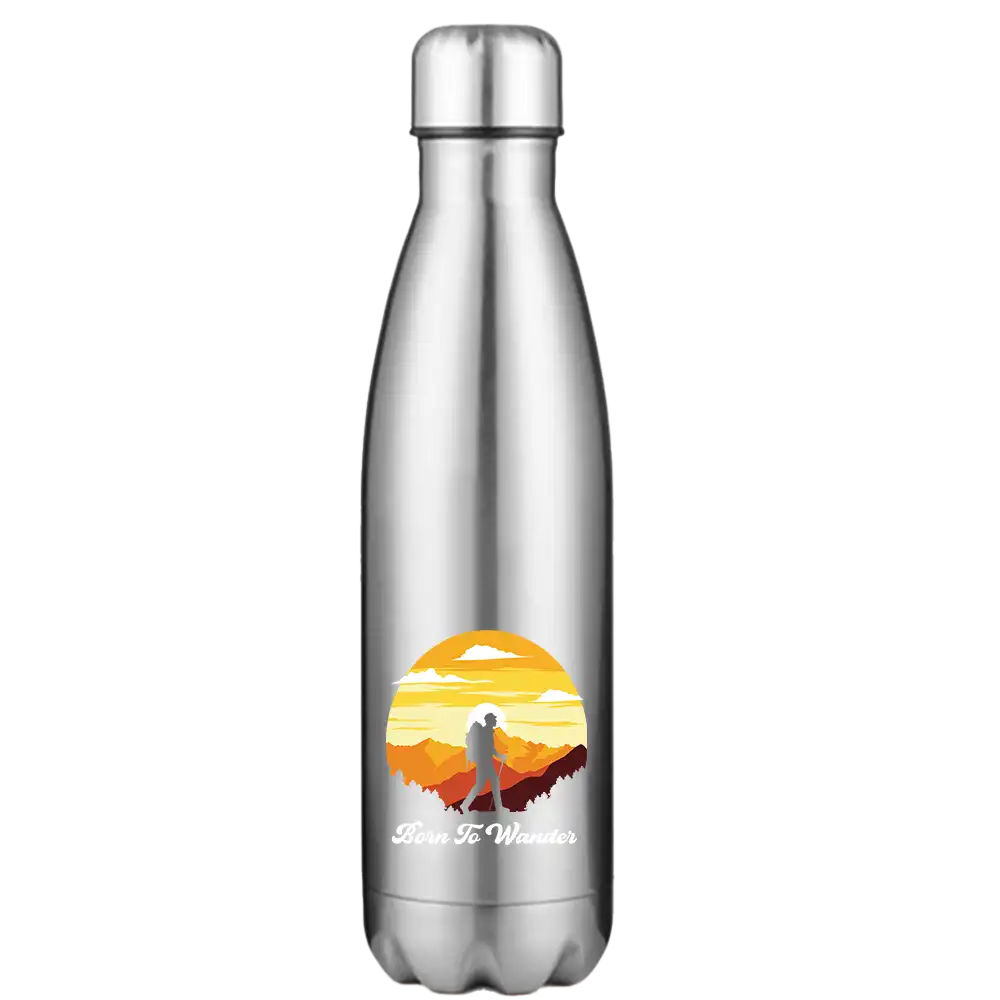 Born To Wander 17oz Stainless Steel Water Bottle with UV printed design and leakproof cap, perfect for outdoor activities.