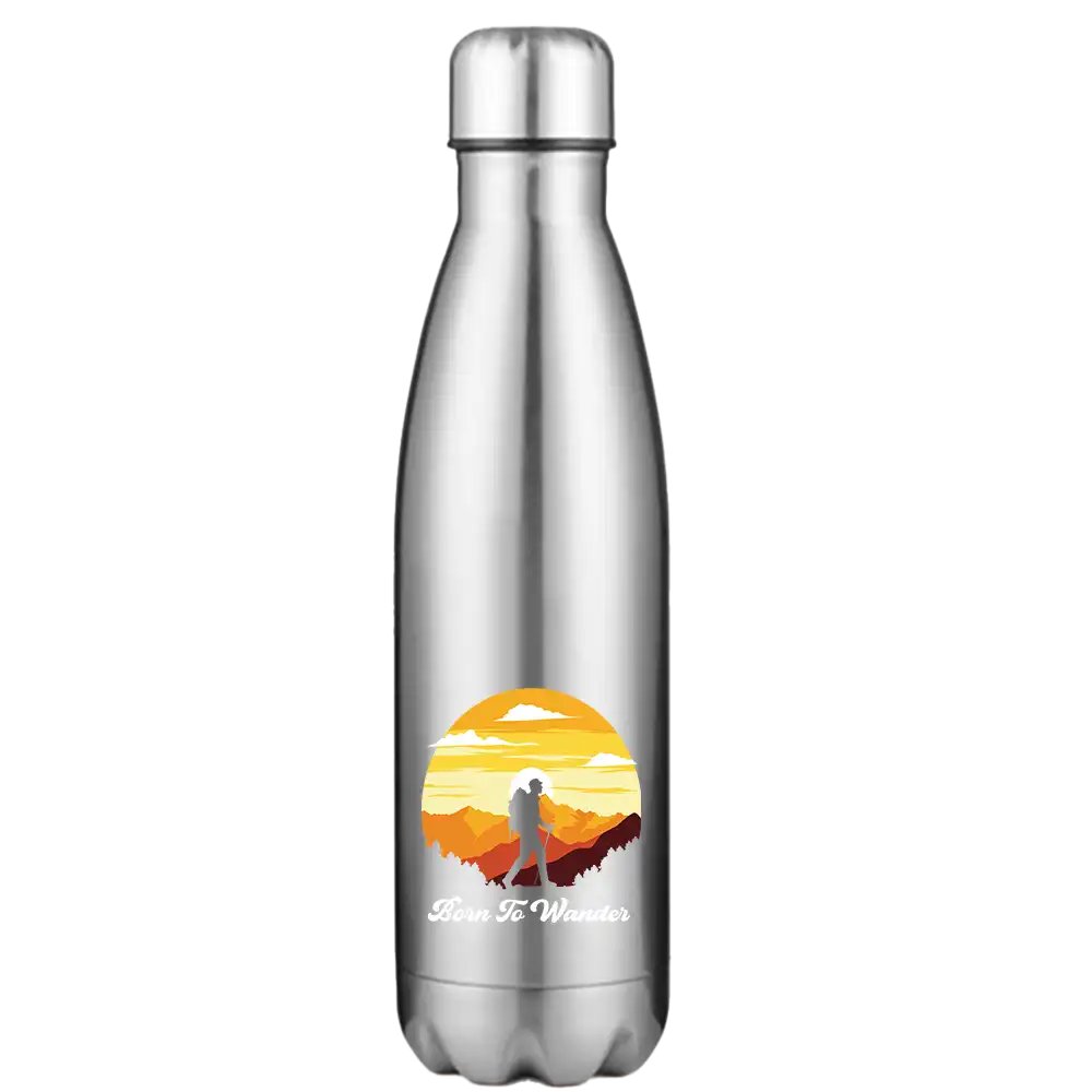 Born To Wander 17oz Stainless Steel Water Bottle with UV printed design and leakproof cap, perfect for outdoor activities.