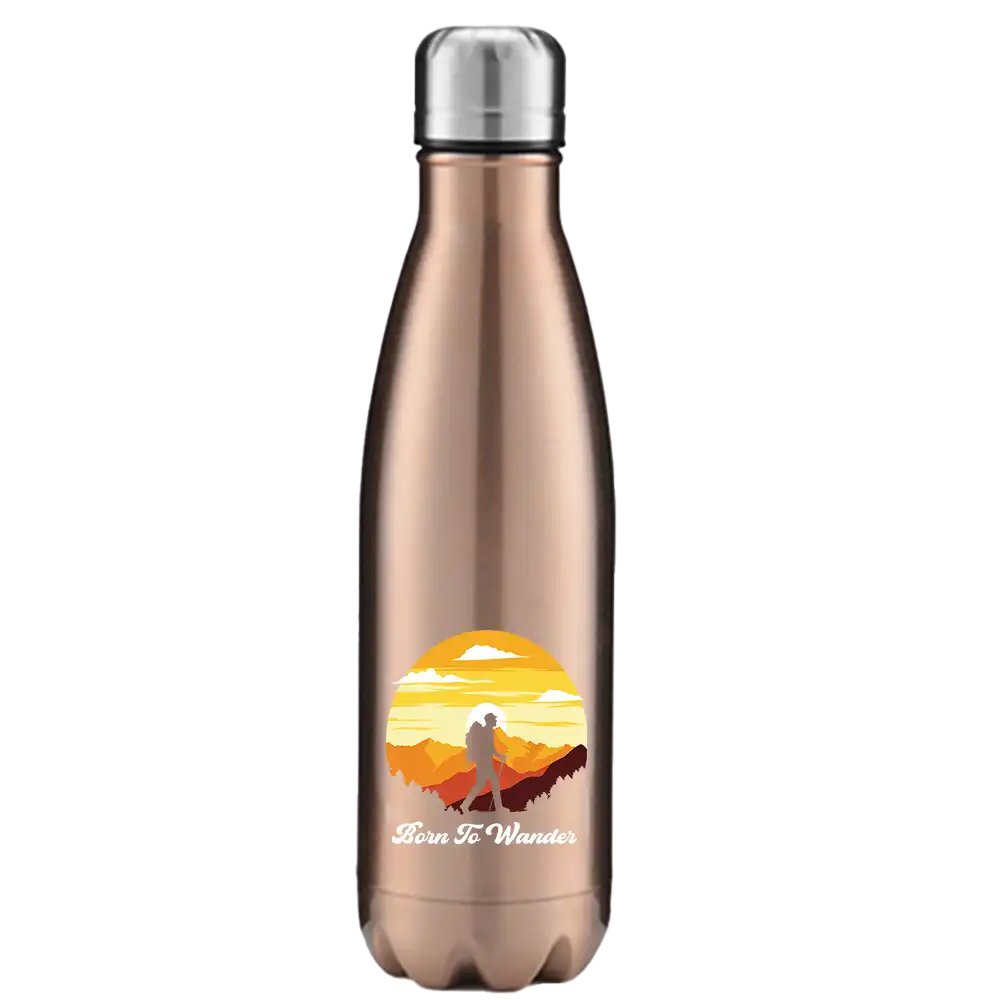 Born To Wander 17oz Stainless Steel Water Bottle with UV printed design and leakproof cap, perfect for outdoor activities.