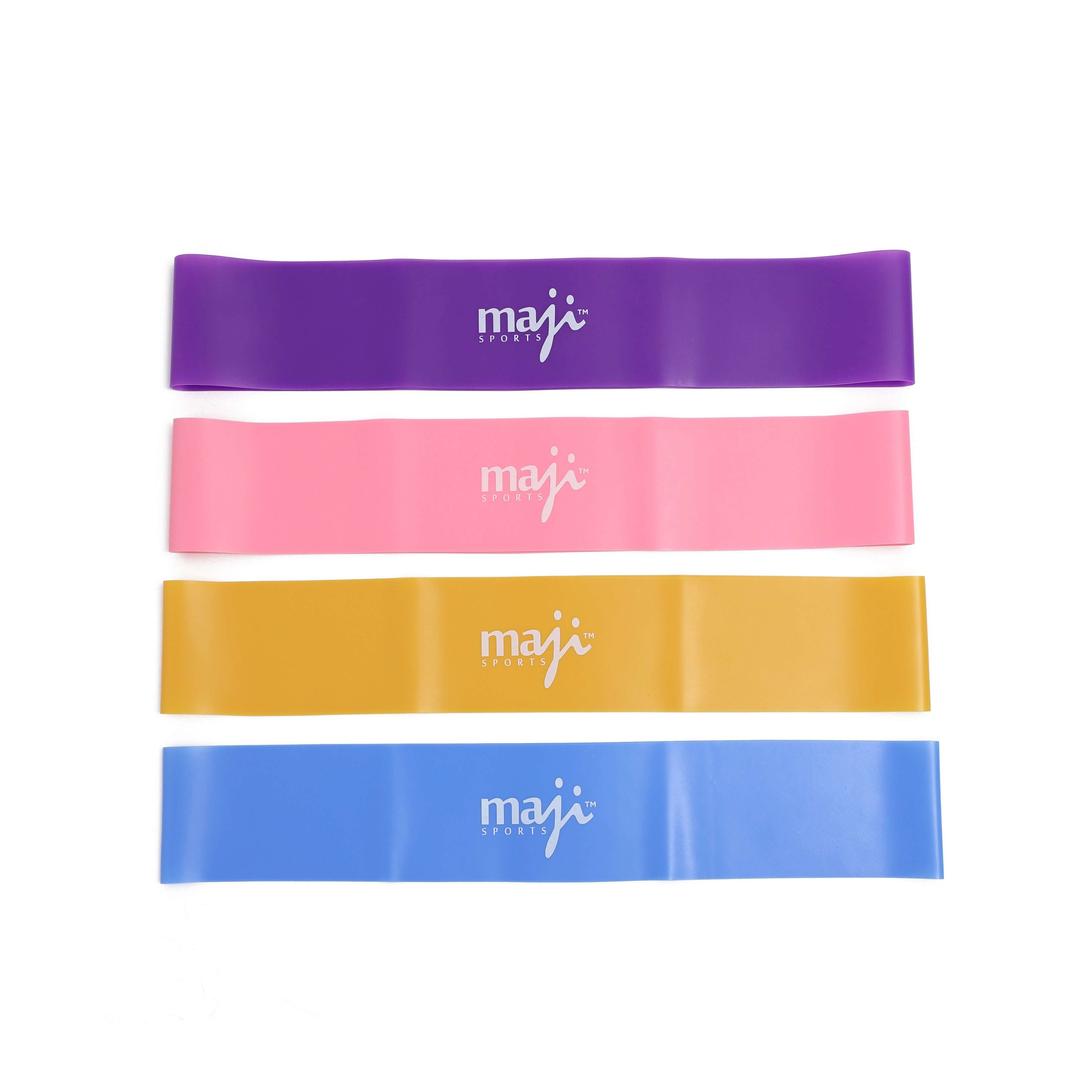 Booty Bands Variable Resistance 4 Pack featuring four colorful resistance bands in blue, yellow, pink, and purple, showcasing their varying resistance levels.