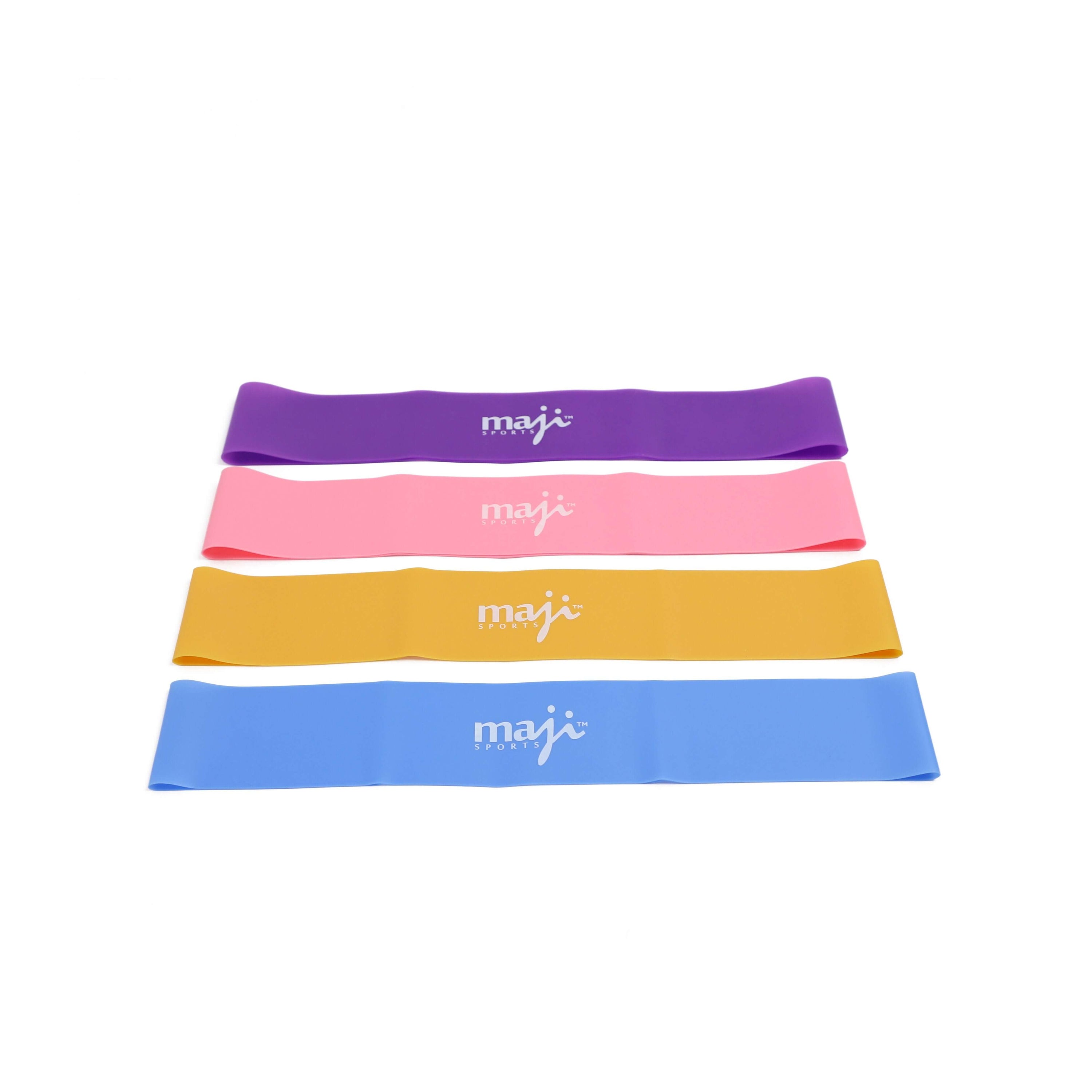 Booty Bands Variable Resistance 4 Pack featuring four colorful resistance bands in blue, yellow, pink, and purple, showcasing their varying resistance levels.