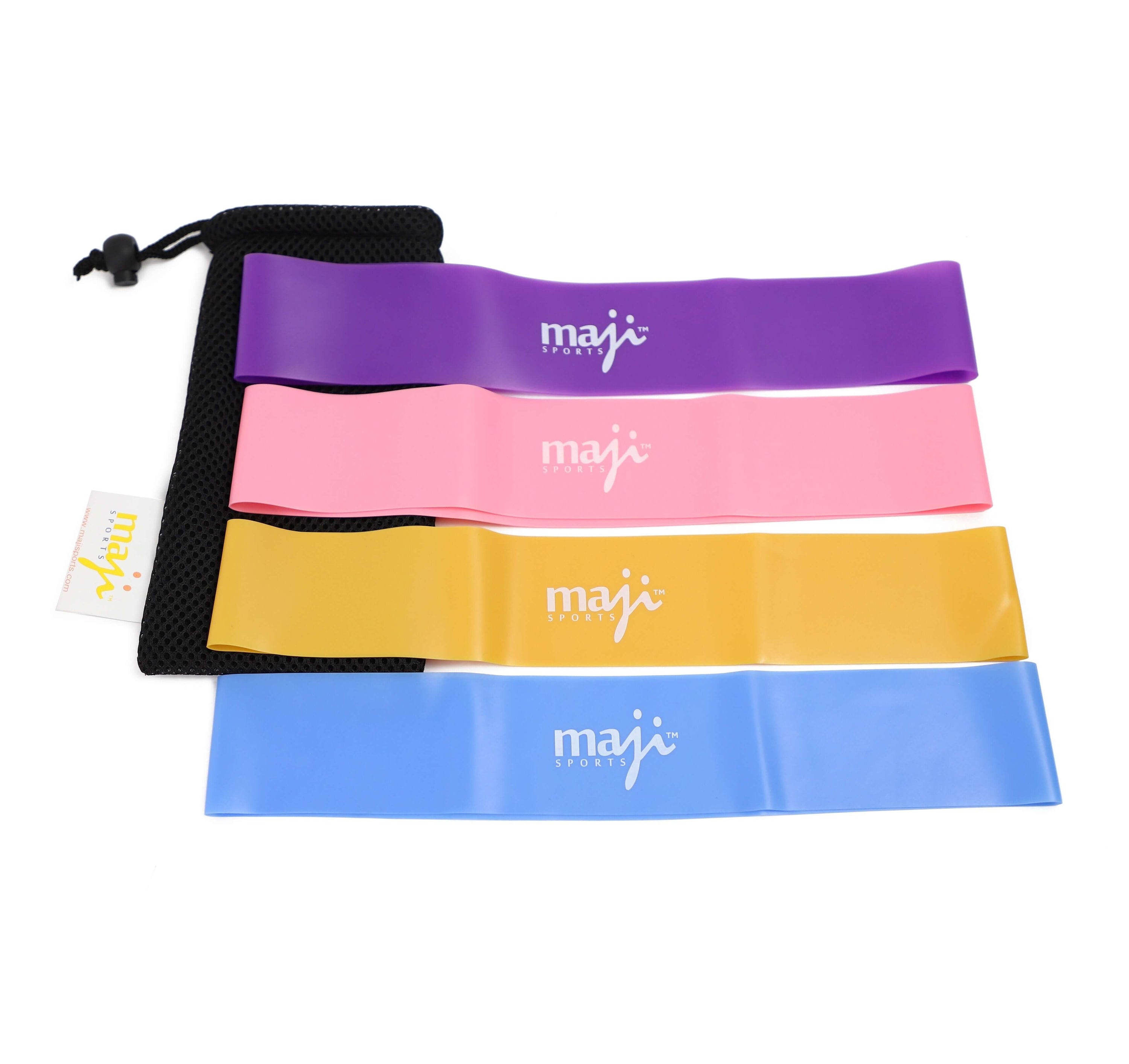 Booty Bands Variable Resistance 4 Pack featuring four colorful resistance bands in blue, yellow, pink, and purple, showcasing their varying resistance levels.