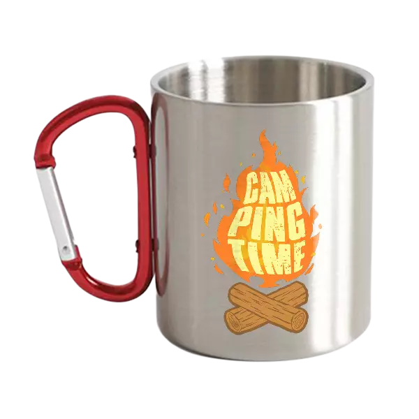 Camp Fire Carabiner Mug 12oz with UV printed design, showcasing its sturdy ceramic build and carabiner attachment.