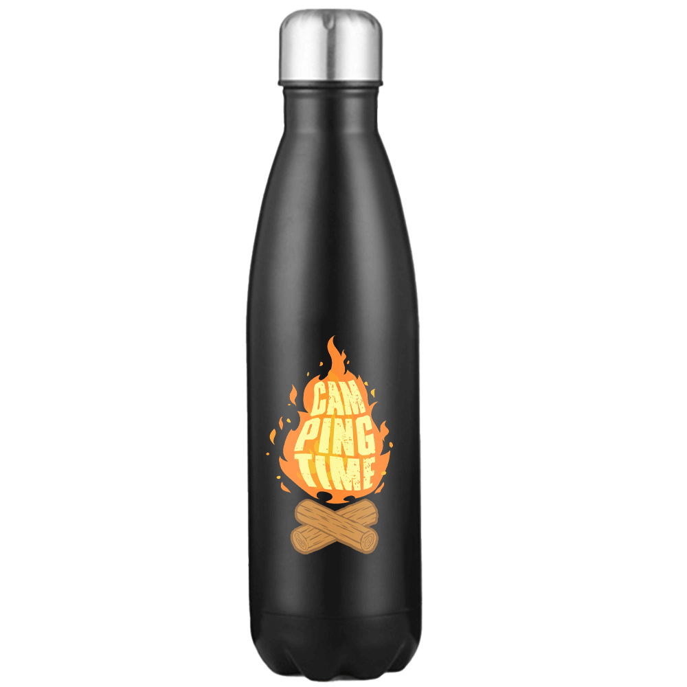 Camp Fire Stainless Steel Water Bottle with double-walled insulation and leakproof cap, featuring UV printed designs.