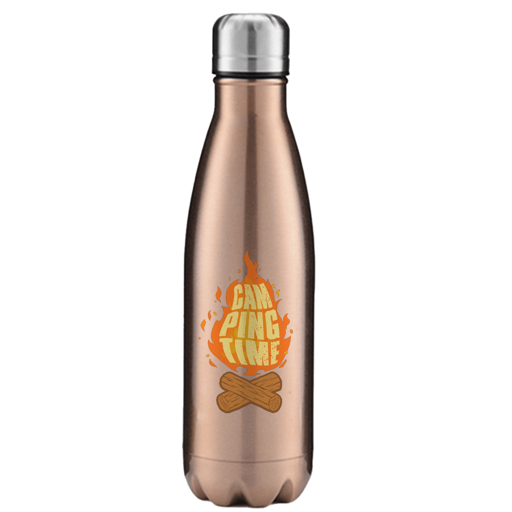 Camp Fire Stainless Steel Water Bottle with double-walled insulation and leakproof cap, featuring UV printed designs.